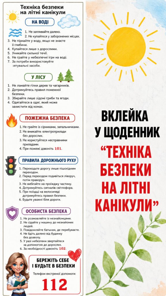 Головне зображення розробки: Вклейка в щоденник “Техніка безпеки у літні канікули”