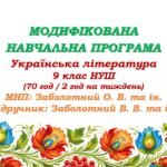 Модифікована навчальна програма (ІV рівень підтримки). Українська література. 9 клас НУШ. Заболотний В. В. та ін. (70 год / 2 год на тиждень)