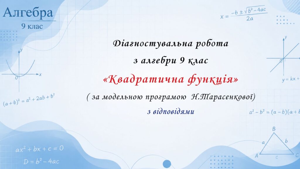 Головне зображення розробки: Діагностувальна робота з алгебри 9 клас НУШ “Квадратична функція” за модельною програмою  Н.Тарасенкової