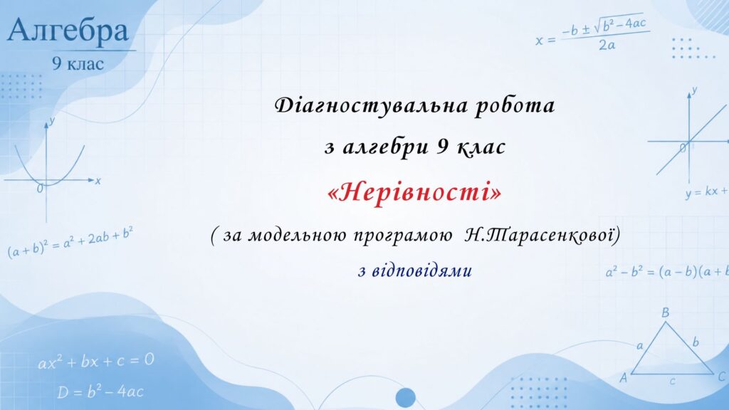 Головне зображення розробки: Діагностувальна робота з алгебри 9 клас НУШ “Нерівності” за модельною програмою  Н.Тарасенкової