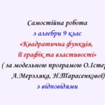 Самостійна  робота з алгебри 9 клас НУШ “Квадратична функція, її графік та властивості” за модельною програмою О.Істера, А.Мерзляка, Н.Тарасенкової