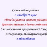 Самостійна  робота з алгебри 9 клас НУШ “Розв’язування систем рівнянь другого степеня з двома змінними” за модельною програмою О.Істера, А.Мерзляка, Н