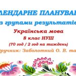 Календарне планування з ГР. Українська мова. 8 клас НУШ. Заболотний О. В., Заболотний В. В. (70 год / 2 год на тиждень)