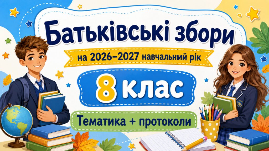 Головне зображення розробки: Батьківські збори для 8 класу на 2026/2027 навчальний рік: тематика + готові протоколи