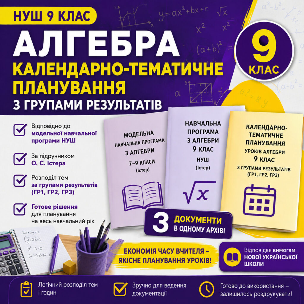 Головне зображення розробки: Календарно-тематичне планування уроків алгебри 9 клас НУШ з Групами результатів