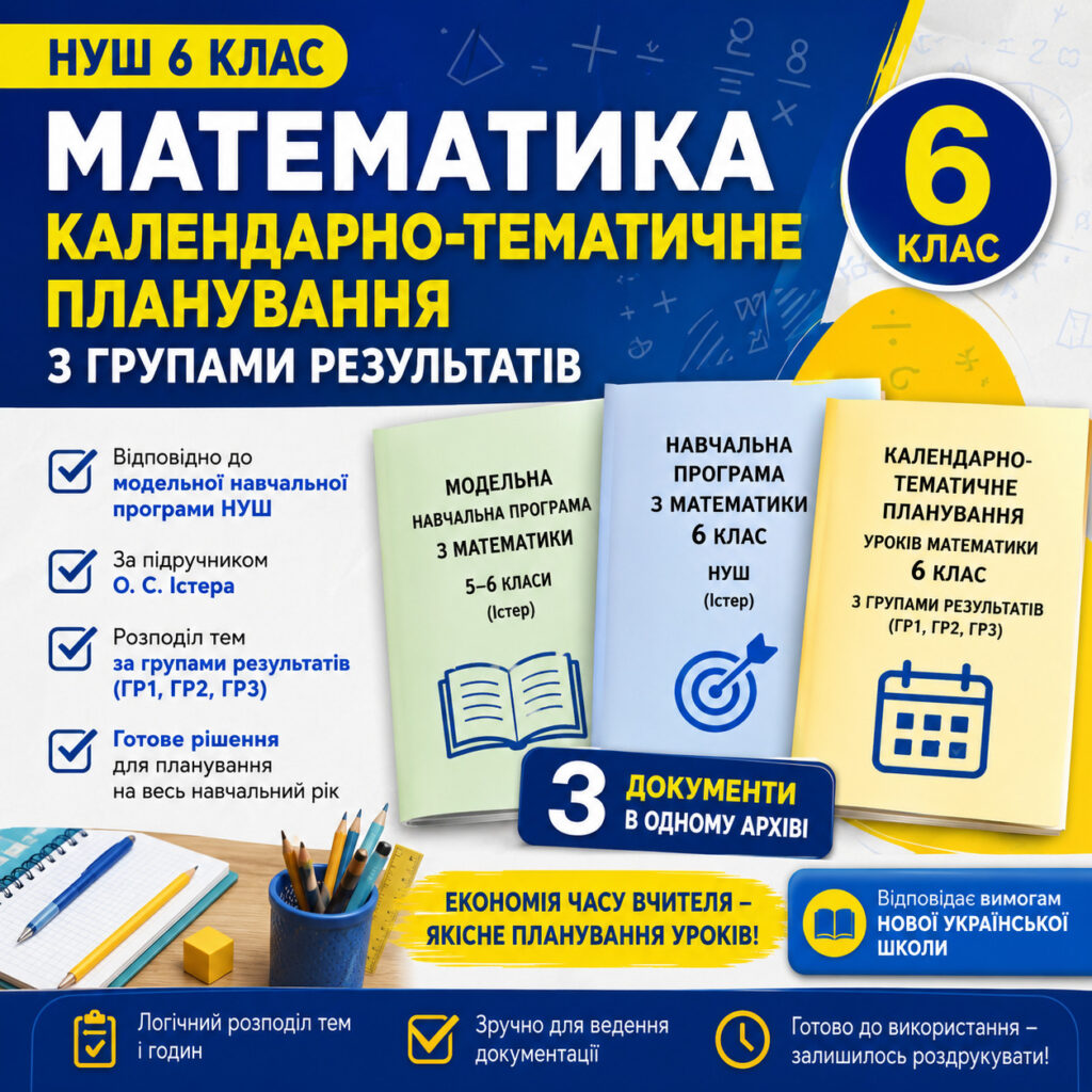 Головне зображення розробки: Календарно-тематичне планування уроків математики 6 клас НУШ з Групами результатів