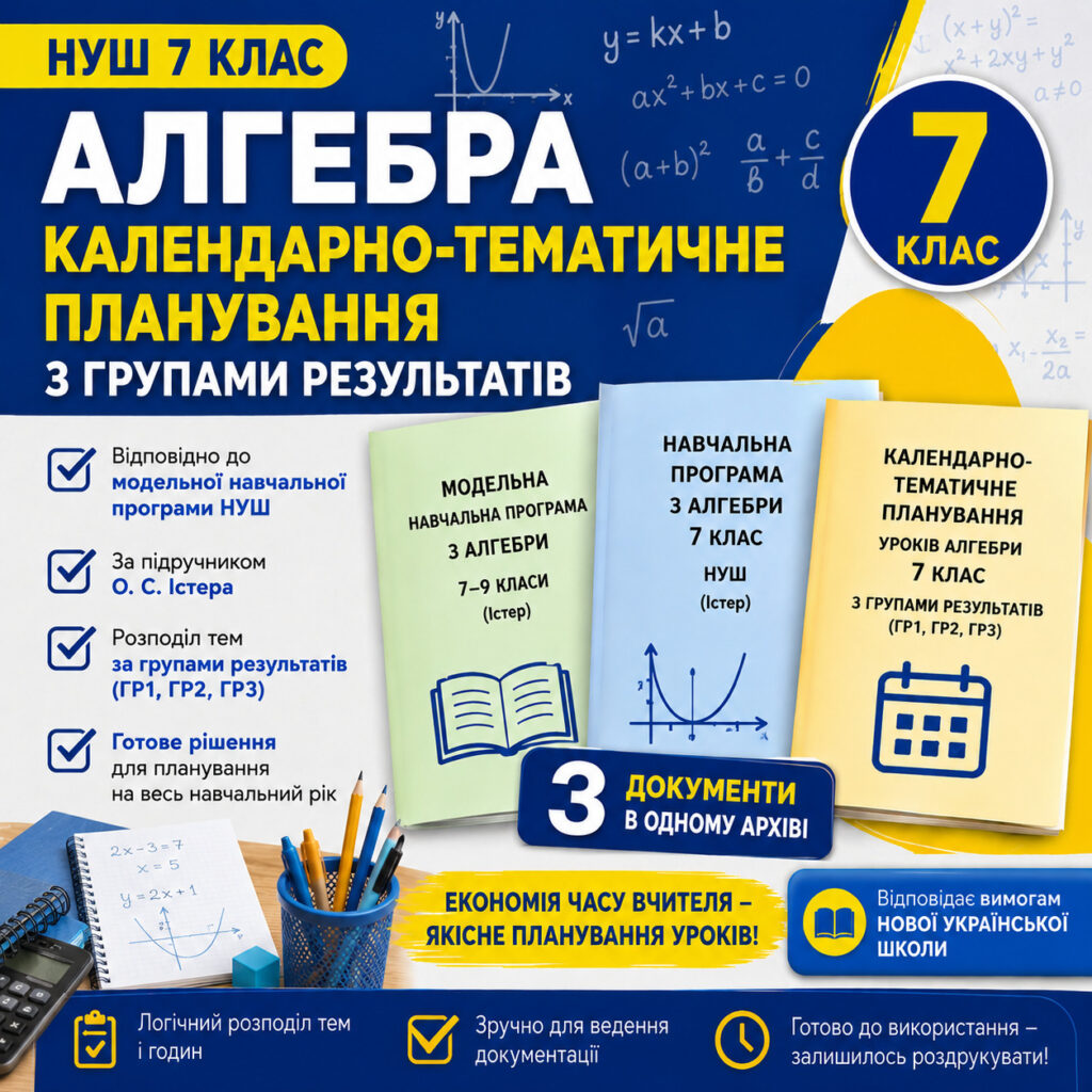 Головне зображення розробки: Календарно-тематичне планування уроків алгебри 7 клас НУШ з Групами результатів