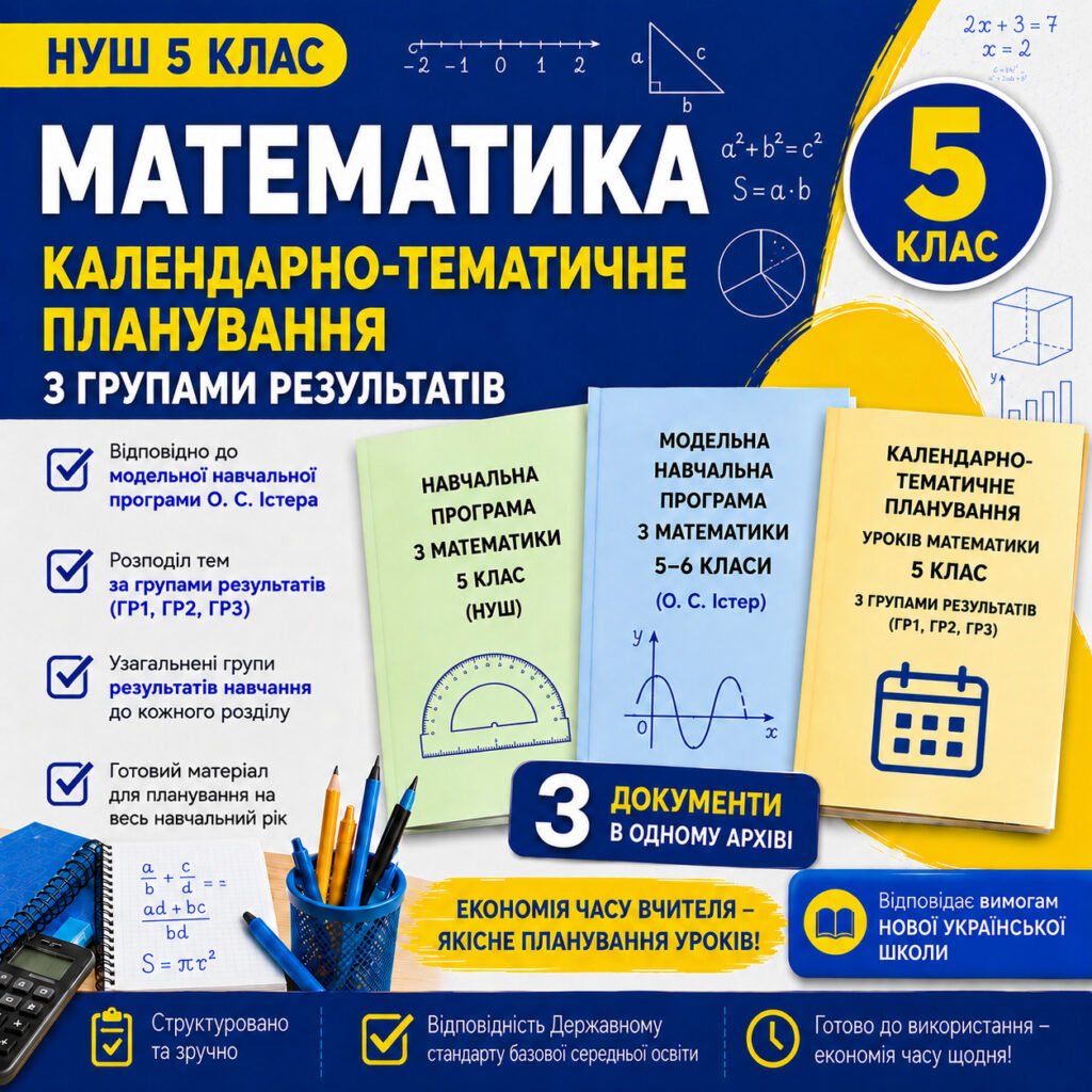 Головне зображення розробки: Календарно-тематичне планування уроків математики 5 клас НУШ з Групами результатів