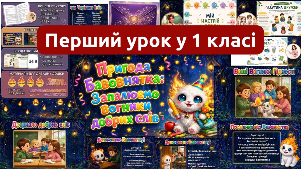 Головне зображення розробки: Перший урок 2026-2027.Пригода Бавовнятка: Запалюємо вогники добрих слів