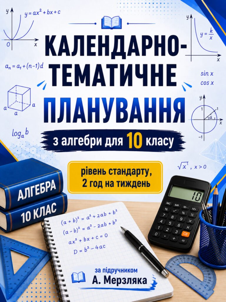 Головне зображення розробки: Календарно-тематичне планування з алгебри, 10 клас рівень стандарту, 2 години на тиждень за підручником А. Мерзляка