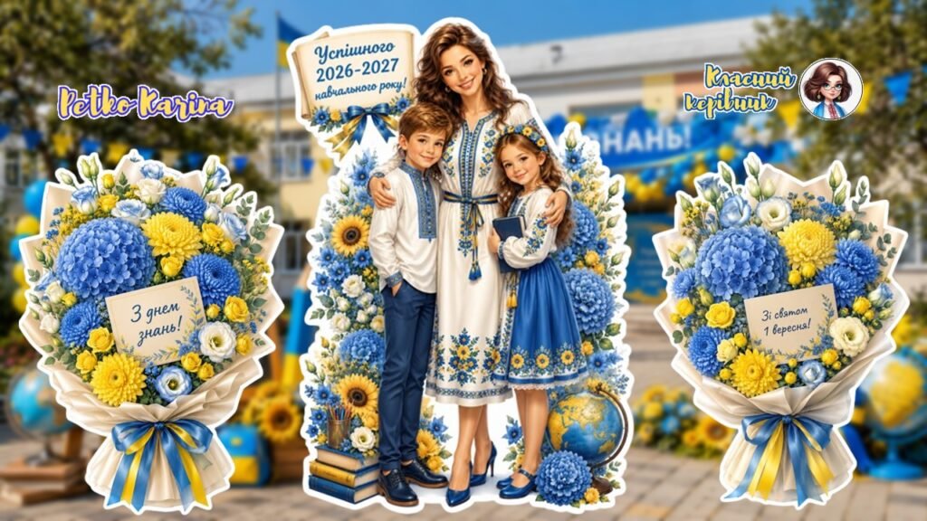 Головне зображення розробки: Мегаоформлення до Дня знань! Ростові букети та вчителька з дітьми на 4, 9, 16, 25 аркушів А4