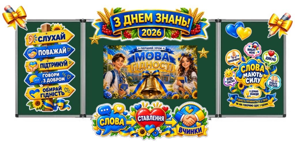 Головне зображення розробки: 1 вересня. День знань. 🌟 ГОТОВЕ ОФОРЛЕННЯ ДОШКИ ДО 1 ВЕРЕСНЯ — «МОВА ГІДНОСТІ» 💙💛