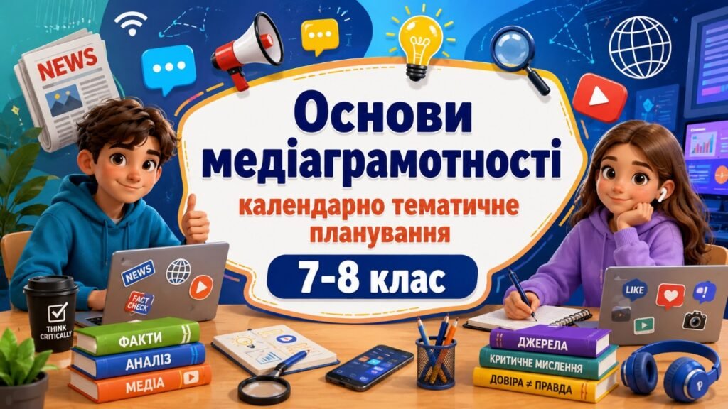 Головне зображення розробки: КАЛЕНДАРНО-ТЕМАТИЧНЕ ПЛАНУВАННЯ ІНТЕГРОВАНИЙ МІЖГАЛУЗЕВИЙ КУРС «ОСНОВИ МЕДІАГРАМОТНОСТІ» 7-8 клас