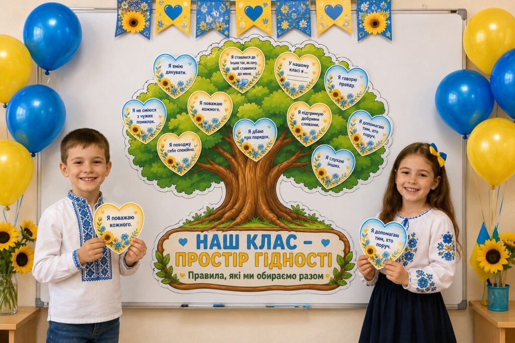 Головне зображення розробки: Дерево гідності «Наш клас – простір гідності». Колективна робота до першого уроку “Мова гідності”.