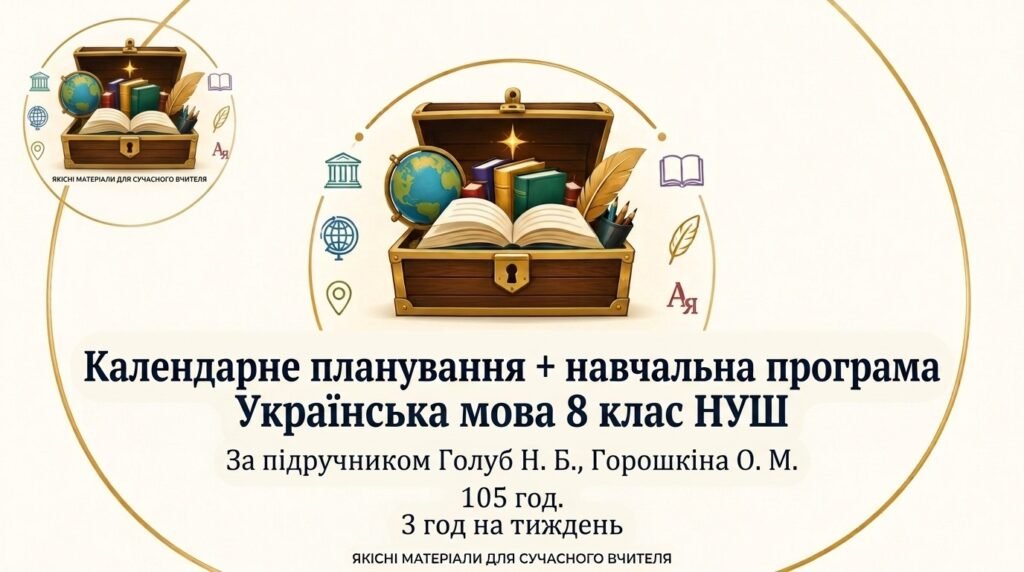 Головне зображення розробки: Календарно-тематичне планування + навчальна програма з української мови для 8 класу НУШ. Автори підручника: Н. Б. Голуб, О. М. Горошкіна (105 год)