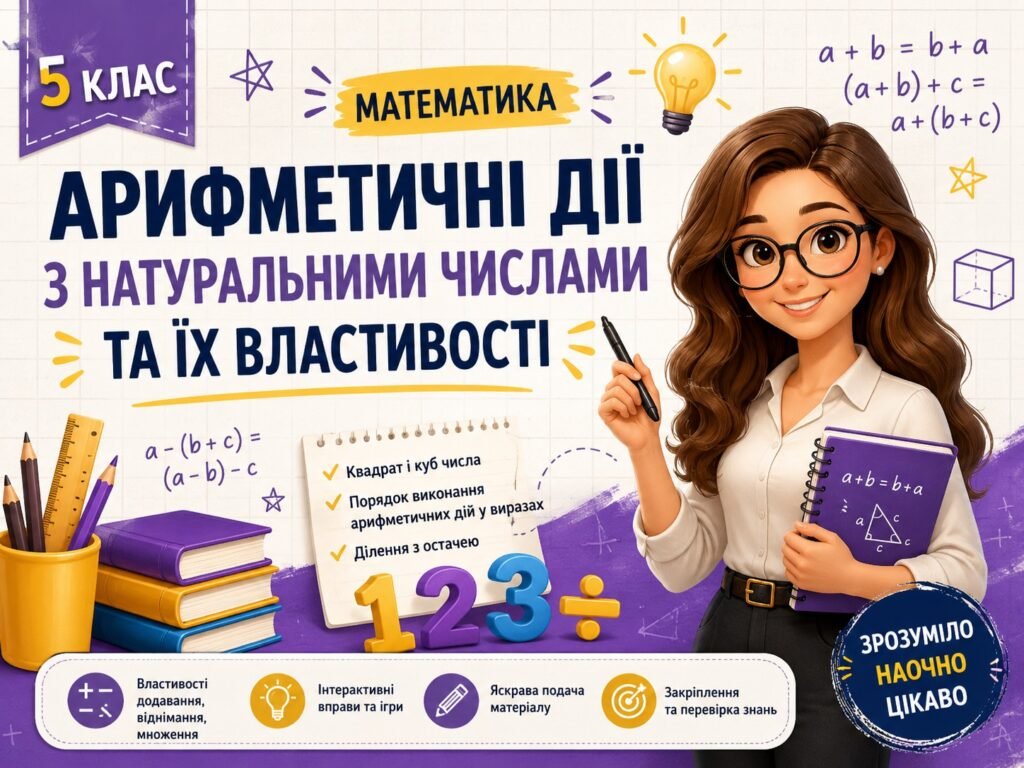 Головне зображення розробки: Арифметичні дії з натуральними числами та їх властивості. Квадрат і куб числа. Порядок виконання арифметичних дій у виразах. Ділення з остачею