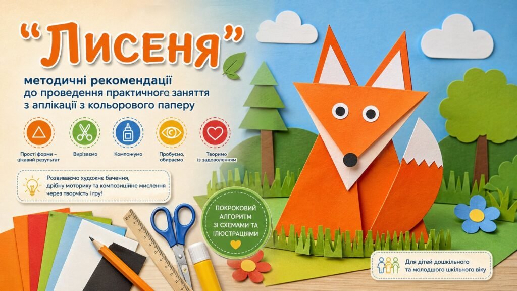 Головне зображення розробки: «Лисеня»: методичні рекомендації до проведення практичного заняття з аплікації з кольорового паперу