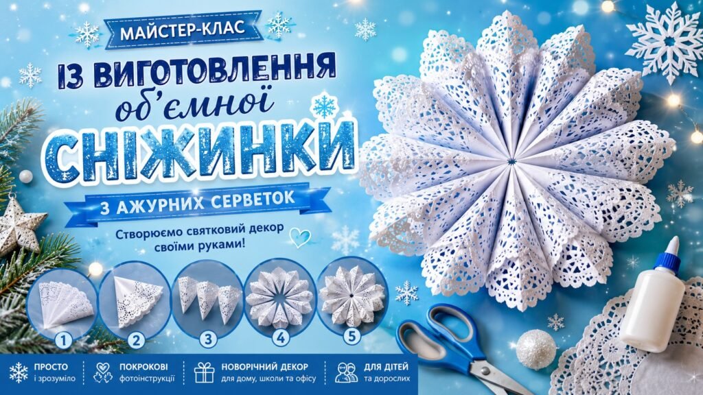 Головне зображення розробки: Майстер-клас із виготовлення об’ємної сніжинки з ажурних серветок