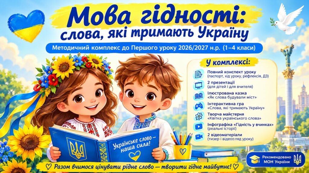 Головне зображення розробки: «Мова гідності: слова, які тримають Україну» — методичний комплекс до Першого уроку 2026/2027 н.р. (1–4 класи)