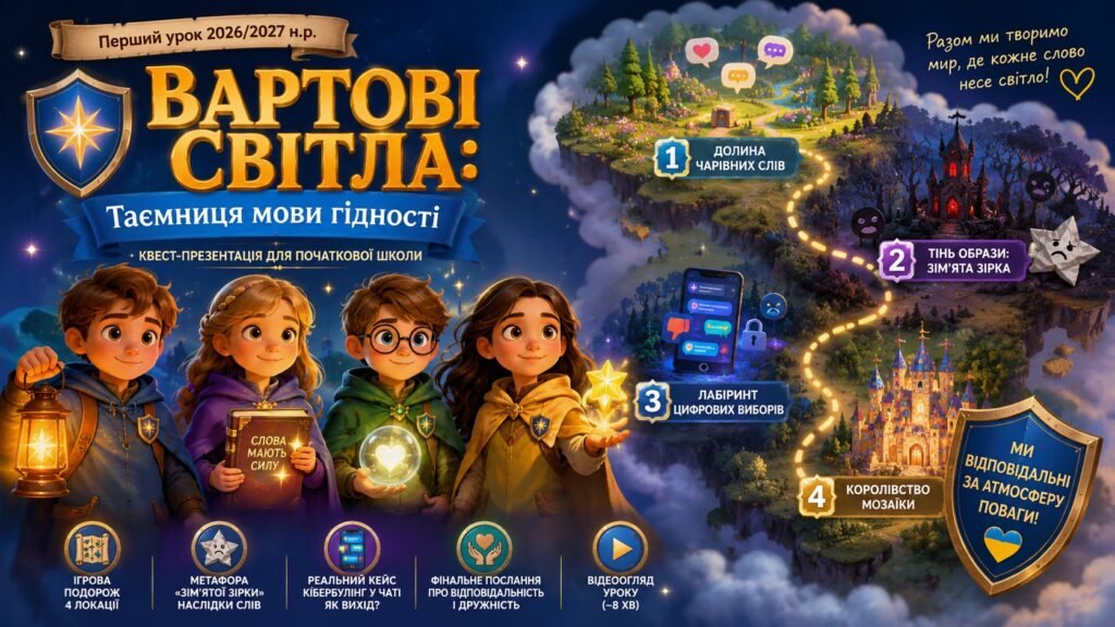 Головне зображення розробки: «Вартові Світла: Таємниця мови гідності» — квест-презентація до Першого уроку 2026/2027 н.р.