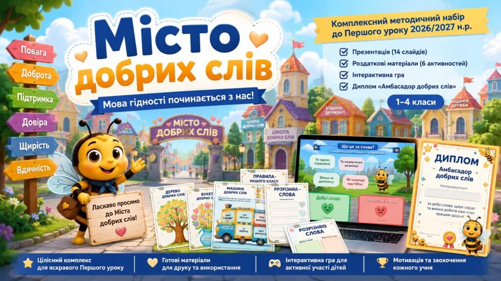 Головне зображення розробки: «Місто добрих слів»: комплексний методичний набір до Першого уроку 2026/2027 н.р. (презентація, роздаткові матеріали, інтерактивна гра, диплом)