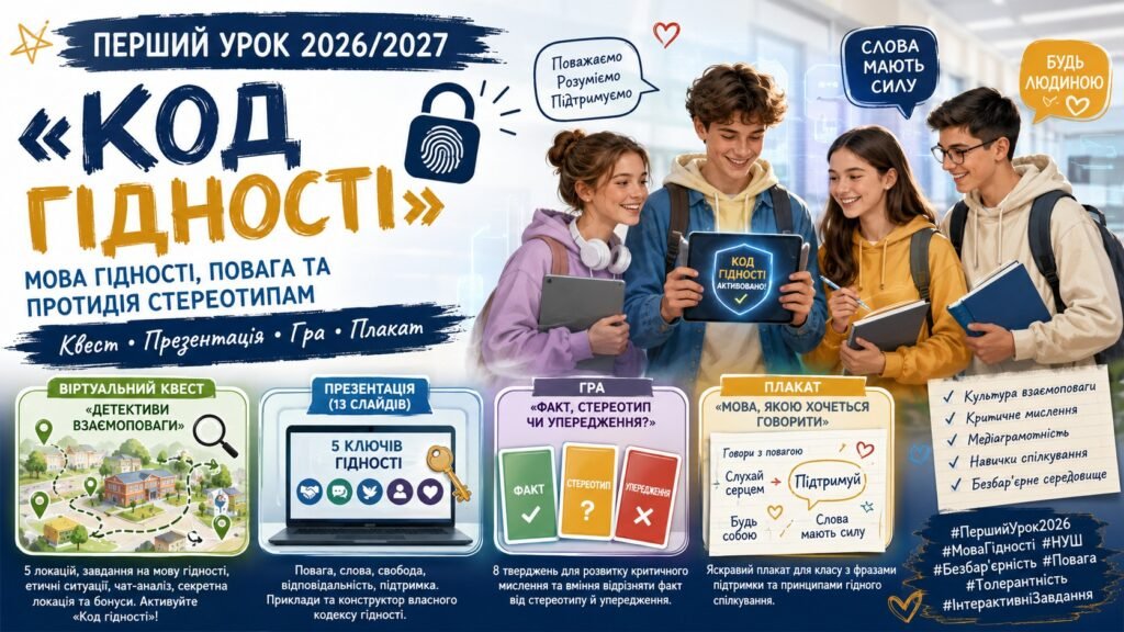 Головне зображення розробки: Перший урок 2026/2027 | «Код гідності»: віртуальний квест, презентація, гра та плакат про мову гідності, повагу та протидію стереотипам