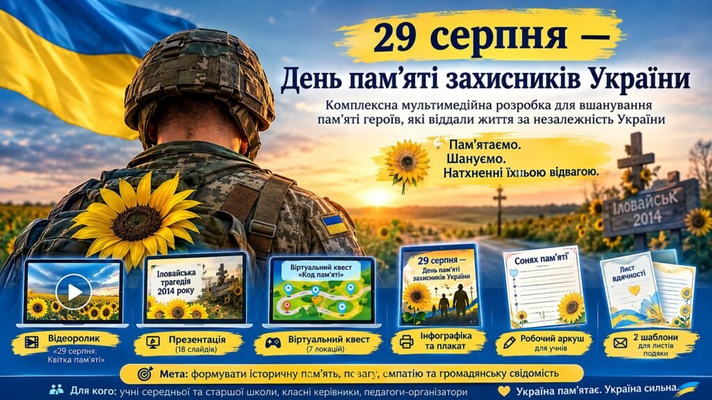 Головне зображення розробки: 29 серпня — День пам’яті захисників України: відеоролик, презентація, віртуальний квест, інфографіка та робочі матеріали