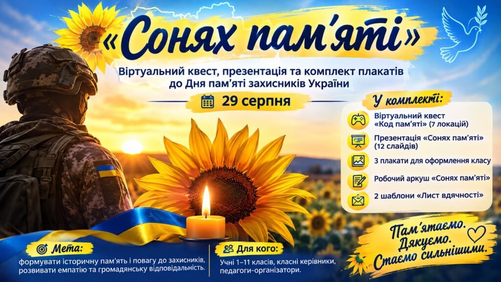 Головне зображення розробки: «Сонях пам’яті»: віртуальний квест, презентація та комплект плакатів до Дня пам’яті захисників України (29 серпня)