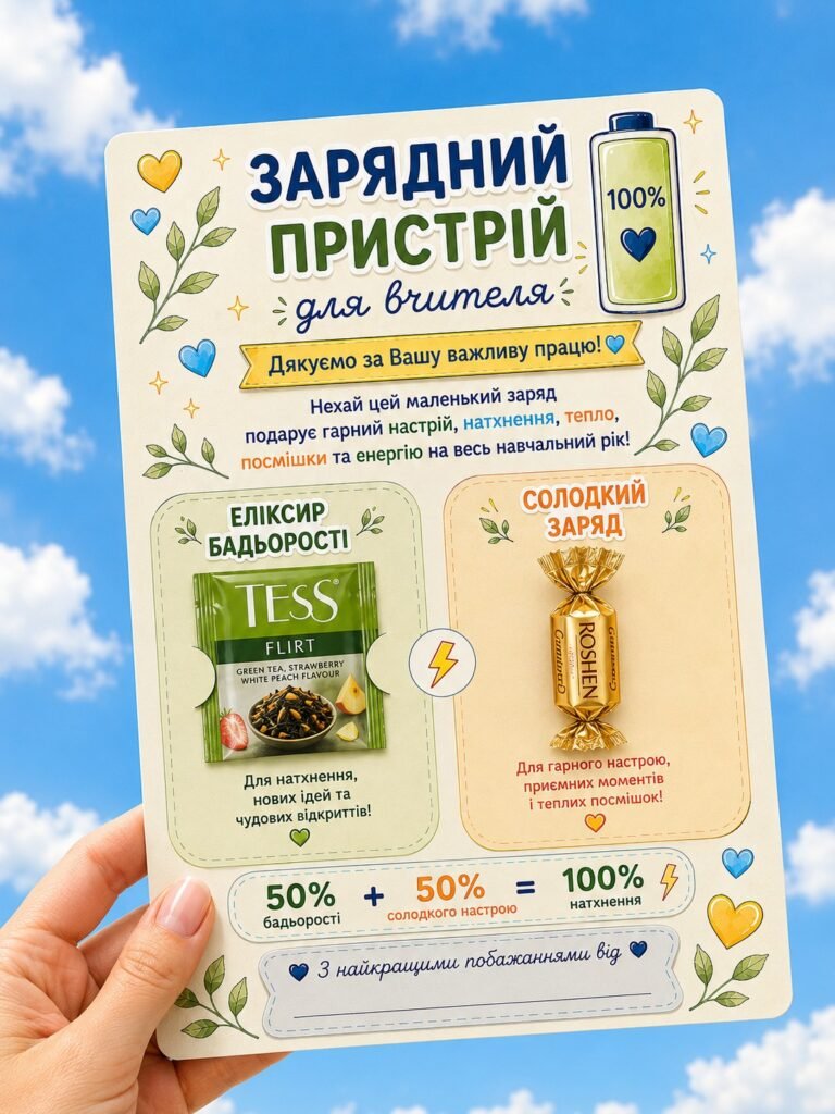 Головне зображення розробки: Листівка «Зарядний пристрій для вчителя». Привітання для вчителів з 1 вересня від учнів, батьків.