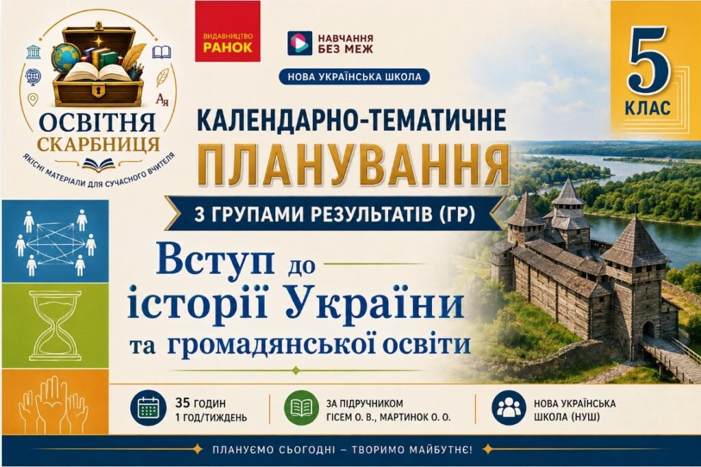Головне зображення розробки: Календарно-тематичне планування з ГР курсу Вступ до iсторї України та громадянської освіти. 5 клас НУШ.35 годин, за підручником Гісем М