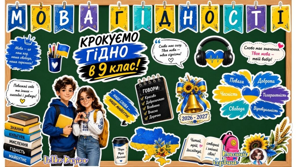 Головне зображення розробки: Оформлення дошки “Крокуємо гідно в 5, 6, 7, 8, 9, 10, 11 клас!” Мова гідності