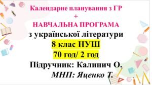 Календарно-тематичне планування + навчальна програма. 8 клас НУШ. Підручник: О. Калинич (70 год/2 год)