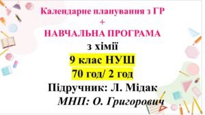 Календарне планування з хімії + навч. програма . 9 клас НУШ. Підручник: Л.Мідак (70 год/2 год)