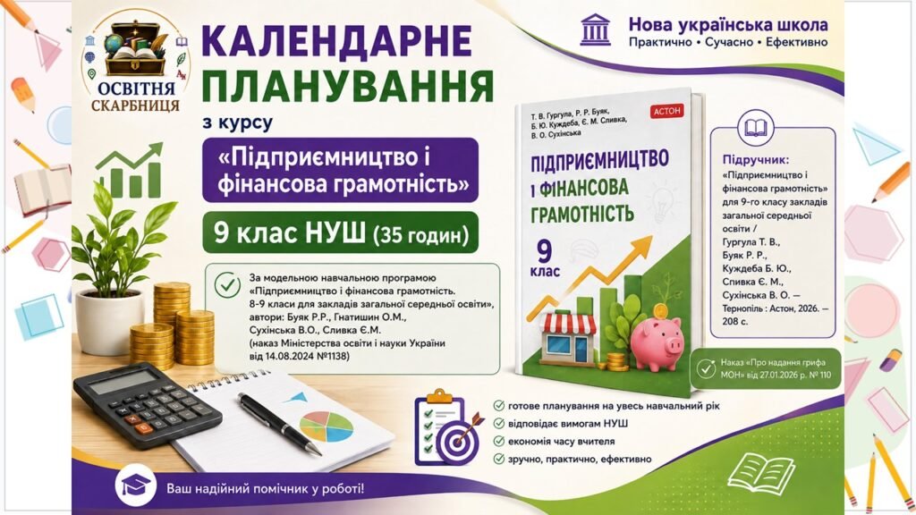 Головне зображення розробки: Календарне планування з курсу «Підприємництво і фінансова грамотність» 9 клас НУШ. Підручник: Гургула Т. В., Буяк Р. Р. (35 годин)
