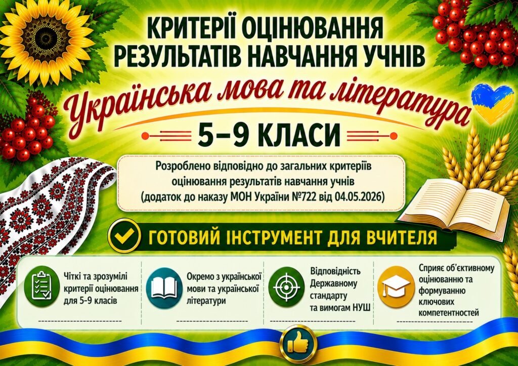Головне зображення розробки: Критерії оцінювання результатів навчання учнів 5-9 класів з української мови та літератури (відповідно до наказу МОН України №722 від 04.05.2026)