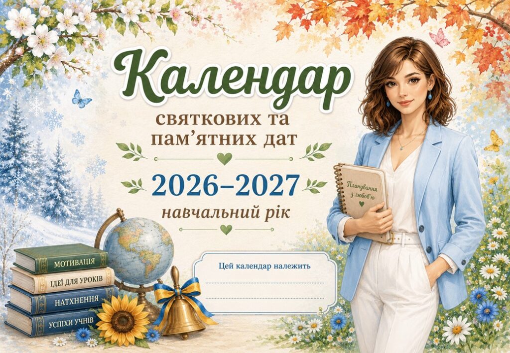 Головне зображення розробки: Календар святкових та пам’ятних дат на 2026-2027 навчальний рік (10 місяців) + Аркуші для особистого планування.