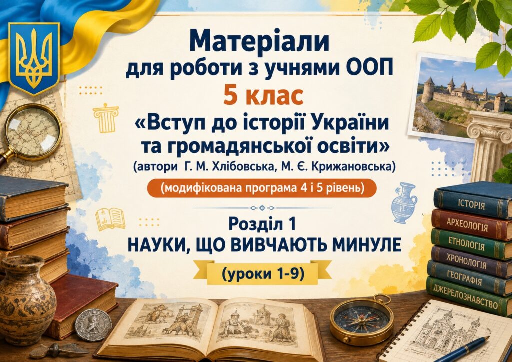 Головне зображення розробки: Матеріали для роботи з учнями ООП 5 клас  «Вступ до історії України та ГО» (автор Г.  Хлібовська)  (модифікована програма 4 і 5 рівень) Розділ 1. (