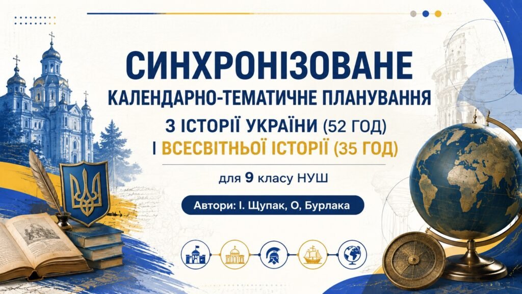 Головне зображення розробки: Синхронізоване календарно-тематичне планування з історії України (52 год) і всесвітньої історії (35 год) для 9 класу НУШ, автори: І. Щупак, О, Бурлака