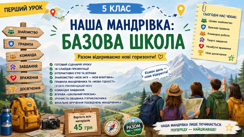 Головне зображення розробки: Перший урок для 5 класу: «Наша мандрівка: базова школа» 2026 р.