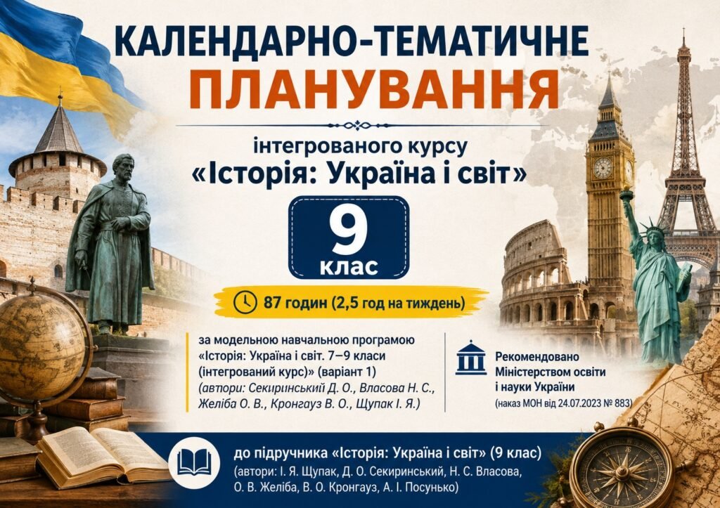 Головне зображення розробки: КАЛЕНДАРНО-ТЕМАТИЧНЕ ПЛАНУВАННЯ інтегрованого курсу «Історія: Україна і світ» 9 клас НУШ Щупак І. 87 годин