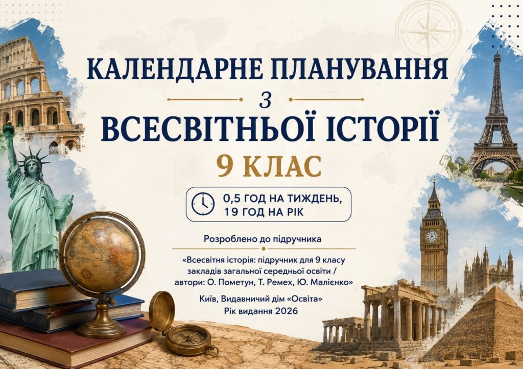 Головне зображення розробки: Календарне планування з всесвітньої історії 9 клас (0,5 год на тиждень, 19 год на рік) автор: О. Пометун