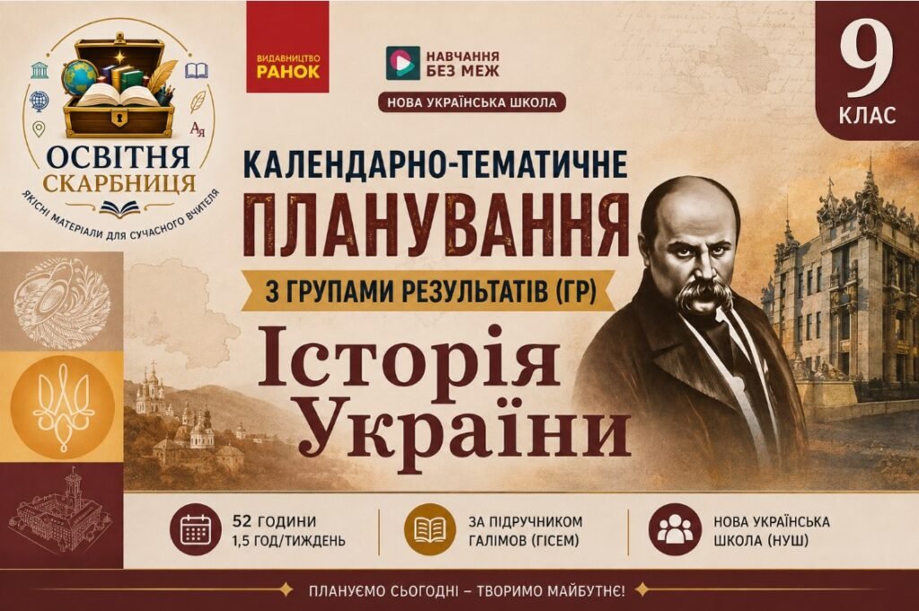 Головне зображення розробки: Календарно-тематичне планування з ГР курсу Історія України 9 клас НУШ. 52 години, за підручником Галімов (Гісем)