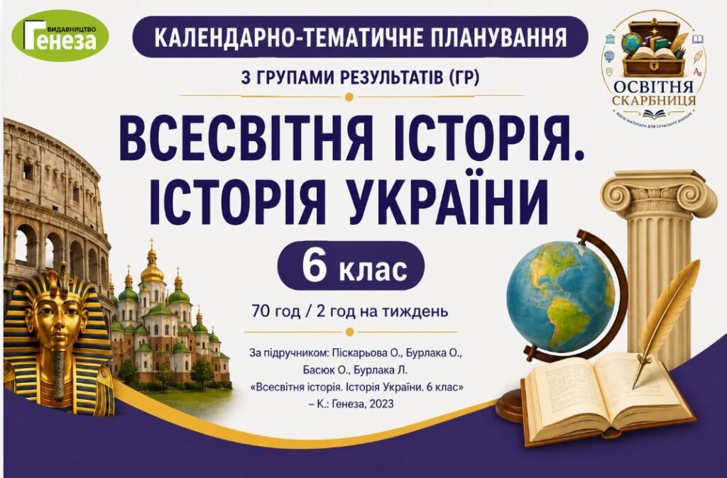 Головне зображення розробки: Календарно-тематичне планування з ГР курсу Всесвітня історія.Історія України 6 клас НУШ.70 годин, за підручником Піскарьова
