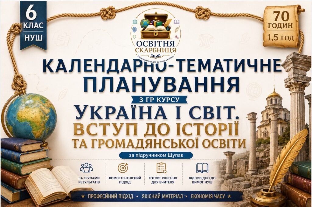 Головне зображення розробки: Календарно-тематичне планування з ГР курсу Україна і світ. Вступ до історії та громадянської освіти 6 клас НУШ. 70 годин, за підручником Щупак