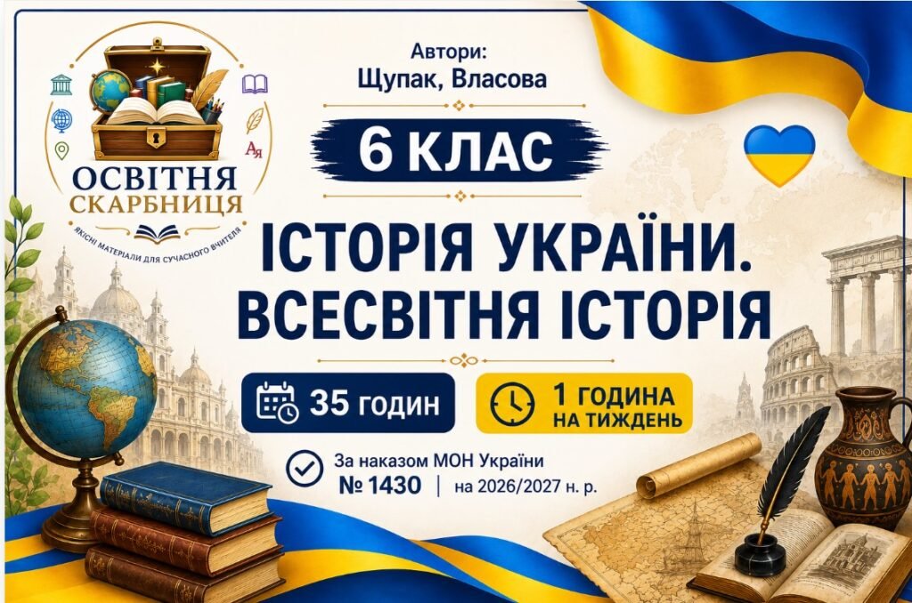 Головне зображення розробки: Календарно-тематичне планування з Історії України. Всесвітньої історії, 6 клас НУШ — 35 годин / 1 година на тиждень Автори: Щупак, Власова