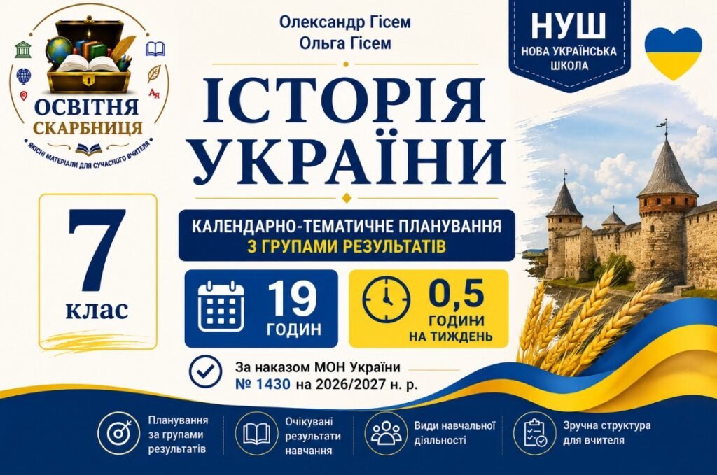 Головне зображення розробки: Календарно-тематичне планування з Історії України, 7 клас НУШ — 19 годин / 0,5 години на тиждень Автори: Олександр Гісем, Ольга Гісем