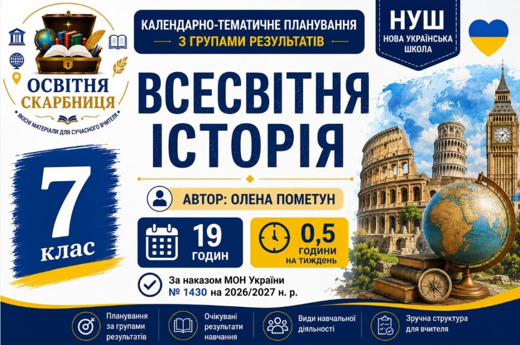 Головне зображення розробки: Календарно-тематичне планування з Всесвітньої історії, 7 клас НУШ — 19 годин / 0,5 години на тиждень Автор: Олена Пометун