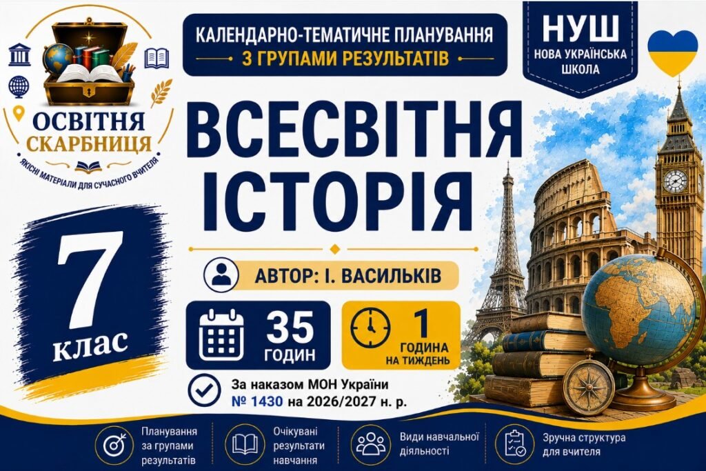 Головне зображення розробки: Календарно-тематичне планування з Всесвітньої історії, 7 клас НУШ — 35 годин / 1 година на тиждень Автор: І. Васильків
