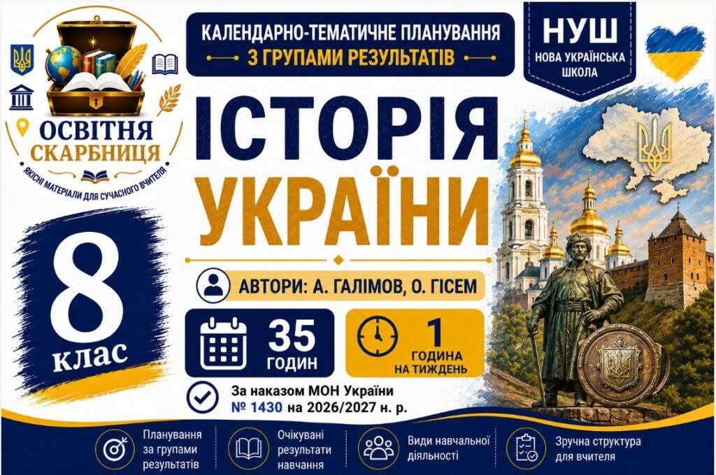 Головне зображення розробки: Календарно-тематичне планування з Історії України, 8 клас НУШ — 35 годин / 1 година на тиждень Автори: А. Галімов, О. Гісем