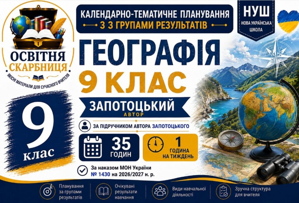 Головне зображення розробки: Календарно-тематичне планування з Географії, 9 клас НУШ — 35 годин / 1 година на тиждень Автор підручника: Запотоцький